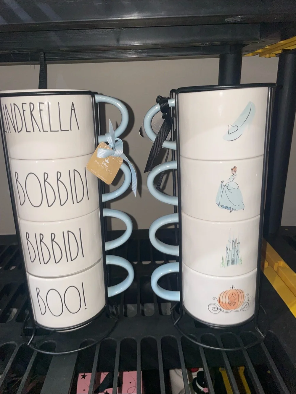 Disney Rae Dunn Cinderella Stacked Ceramic Mug Tower in White and Light Blue